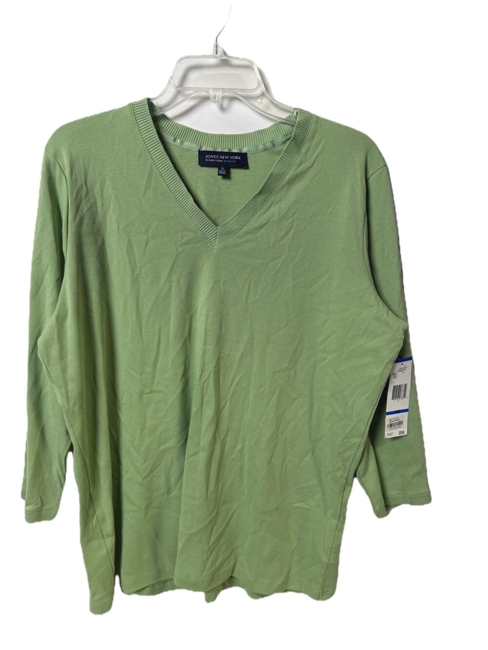 NWT Jones New York V-neck Top Womens Green 3/4 Sleeve Ribbed Neckline Size 1X